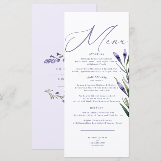 Lavender Bliss Elegant Watercolor Boda Menú (Anverso / Reverso)