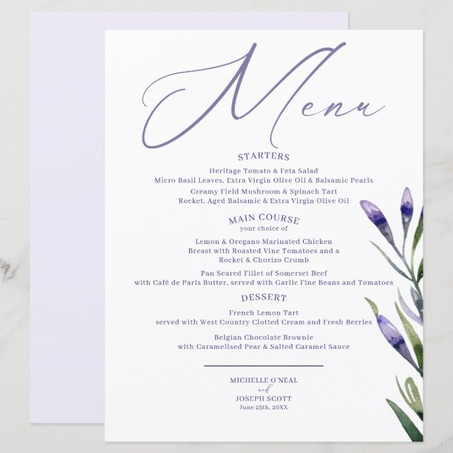 Lavender Bliss Elegant Watercolor Boda Menú (Anverso / Reverso)