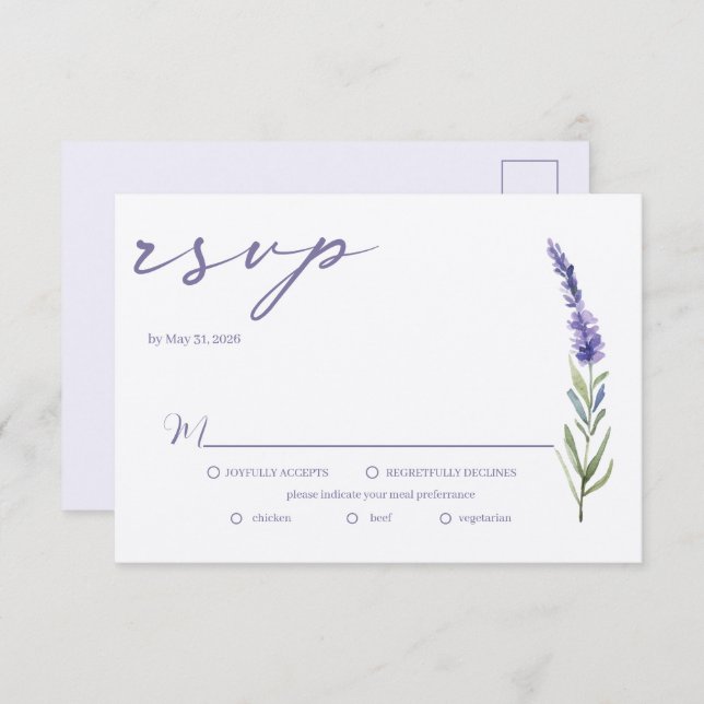Lavender Bliss Elegant Watercolor Wedding RSVP (Anverso / Reverso)