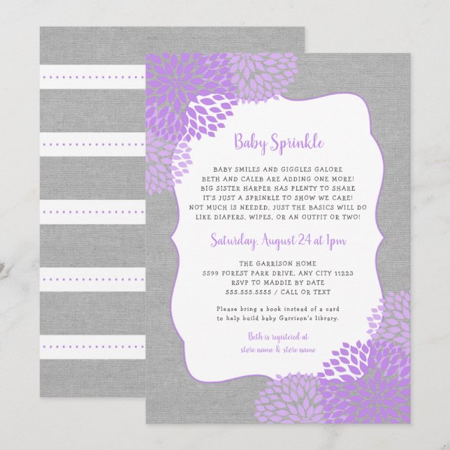 Lavender Chica gris Baby Invitación a la rociada (Anverso / Reverso)