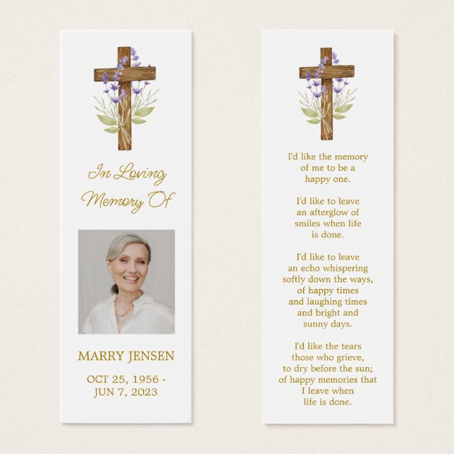 Lavender Cross Photo Funeral Bookmark (Anverso y reverso)