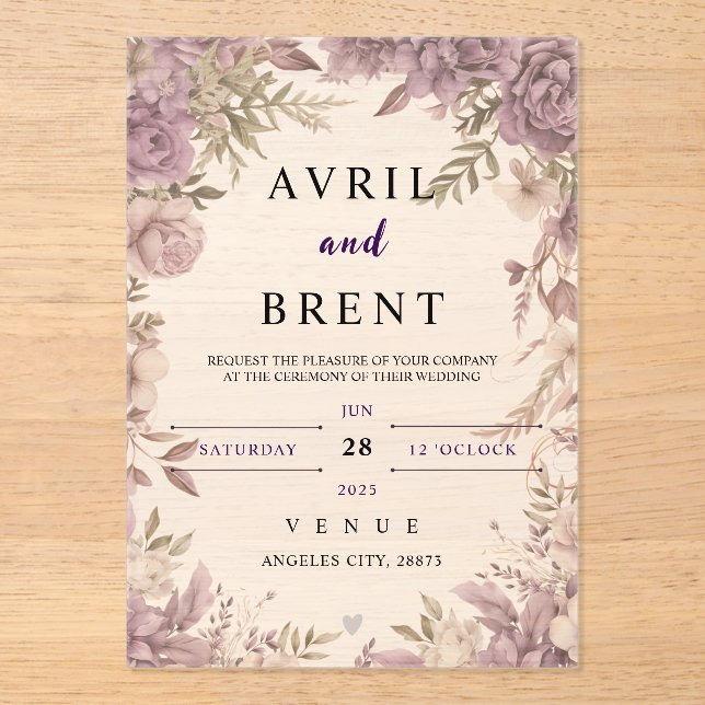 Lavender Dreams Boda Floral Invitación acrílica (Anverso)