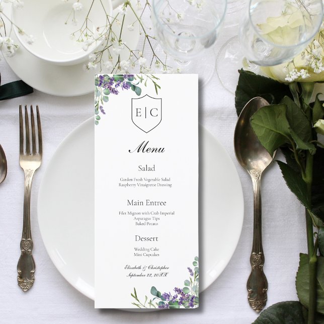 Lavender Eucalyptus Monograma Menú Boda (Monogram Initials Lavender Eucalyptus Wedding Menu)