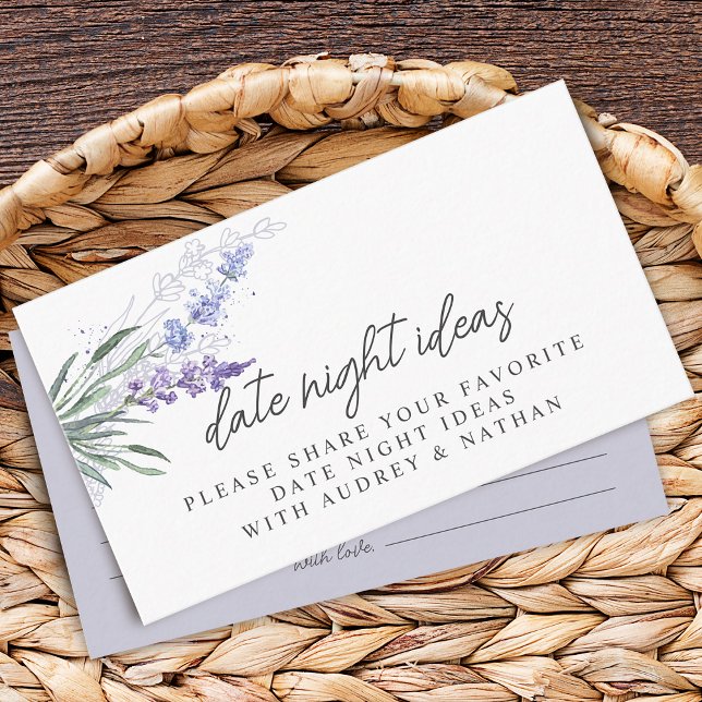 Lavender Fecha Noche Ideas Tarjetas de ducha de no (Lavender Guess How Many Kisses Bridal Shower Game Enclosure Card)
