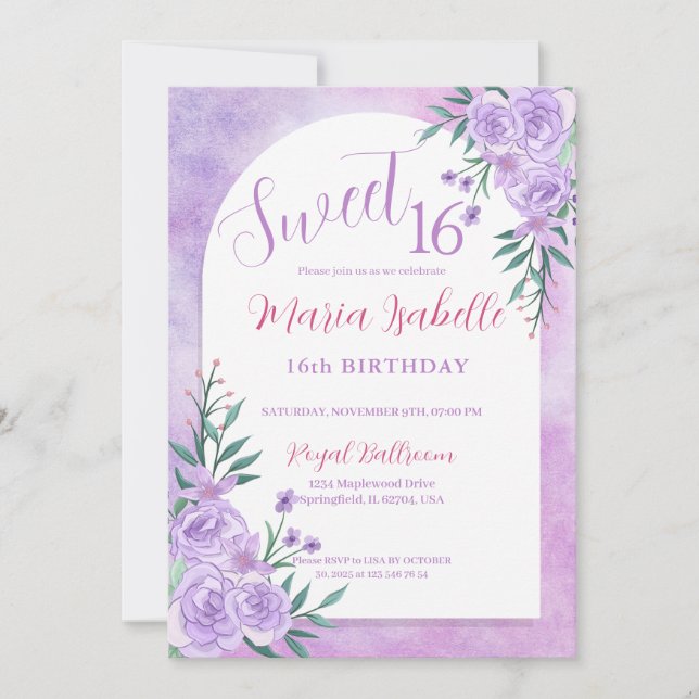 Lavender Floral Sweet 16 Invitación de cumpleaños (Anverso)