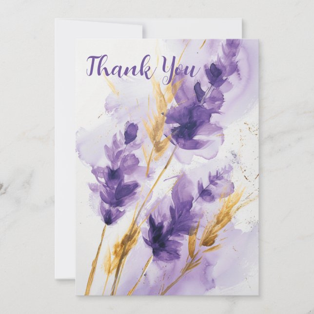 Lavender Golden Watercolor Floral Gracias Tarjeta (Anverso)