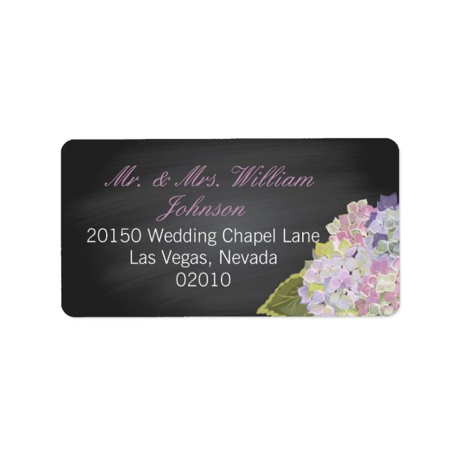 Lavender Hydrangea Chalkboard Etiqueta Boda (Frente)