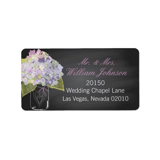 Lavender Hydrangea Jar Chalkboard Etiqueta Boda (Frente)