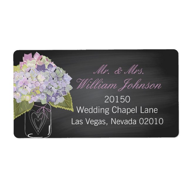 Lavender Hydrangea Jar Chalkboard Etiqueta Boda (Frente)