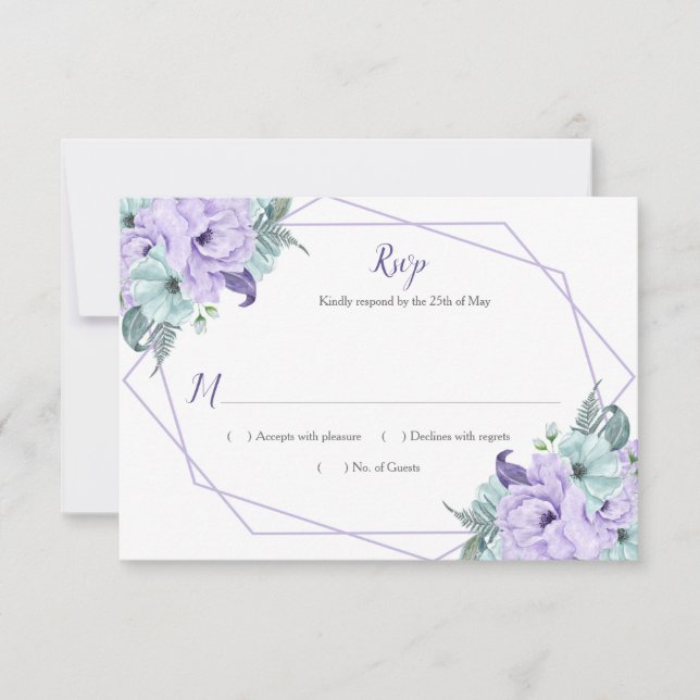 Lavender Mint Watercolor Peonies Geométrico RSVP (Anverso)