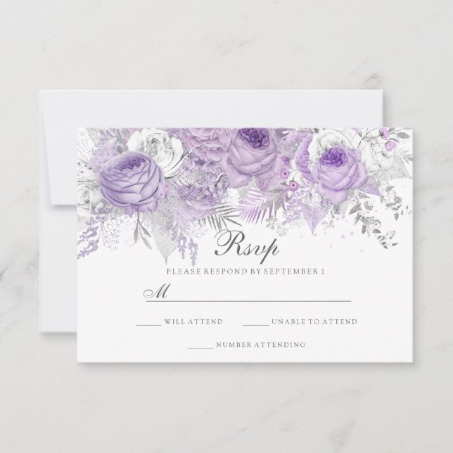 Lavender Morado Blanco Plata Flor Boda RSVP (Anverso)