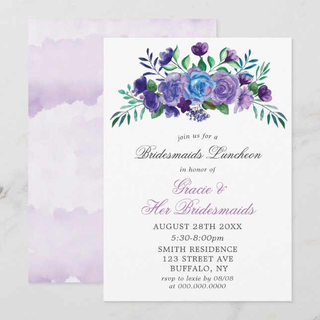 Lavender Paint Floral Bridesmaids Luncheon Invita (Anverso / Reverso)