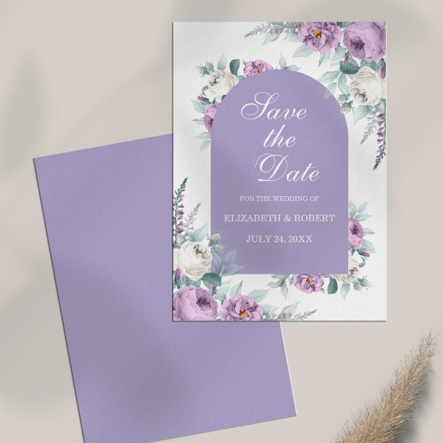 Lavender Purple Floral Guardar la tarjeta de fecha (Lavender Purple Floral Save The Date Card on white table)
