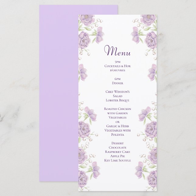 Lavender Purple Rose Wedding Menus (Anverso / Reverso)
