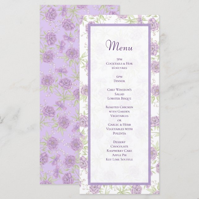 Lavender Purple Rose Wedding Menus (Anverso / Reverso)