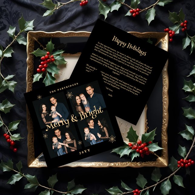 Lavish Black & Gold 4 Photos Collage Christmas  (Lavish Black & Gold 4 Photos Collage Christmas Snowflakes Holidays Cards.)