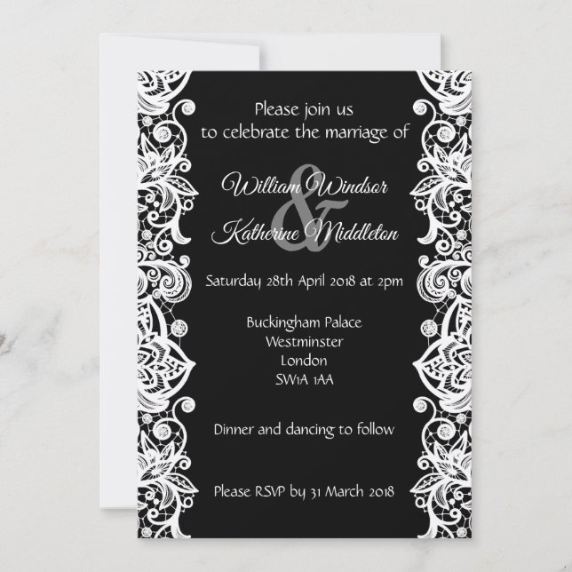 Lazo blanco sobre fondo negro Invitación a la boda (Anverso)