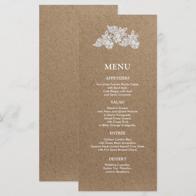 Lazo blanco | Tarjetas de menú de Kraft Paper Boda (Anverso / Reverso)