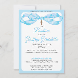 Lazo de acuarela azul y cruz Invitación de bautizo