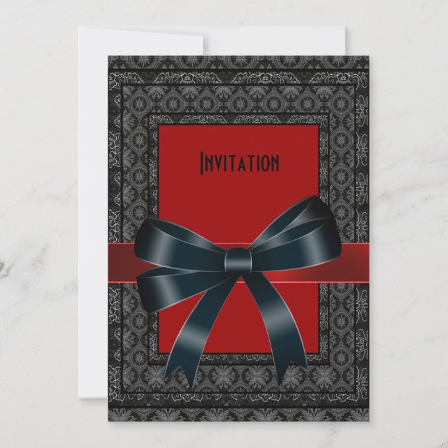 Lazo de brocado rojo negro antiguo de invitación (Anverso)