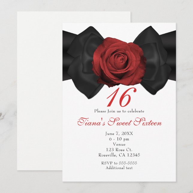 Lazo de cinta negro y rosas rojas invitaciones ele (Anverso / Reverso)