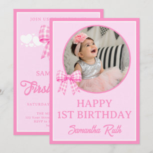 Lazo de Gingham Rosa Invitación de Foto de Cumplea