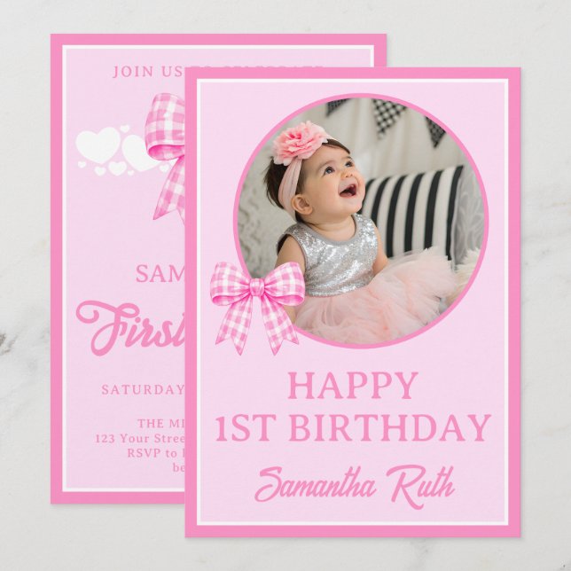 Lazo de Gingham Rosa Invitación de Foto de Cumplea (Anverso / Reverso)