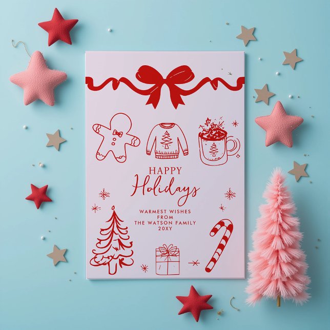 Lazo de Navidad Rojo Rosa Dibujado a Mano Doodle  (Hand Drawn Doodle Red Pink Christmas Holiday Card)