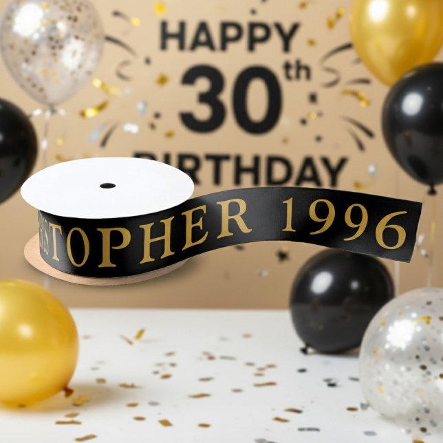 Lazo De Raso 30th Birthday Name 1996 Black Gold Elegant Chic (Born 1996 birthday ribbon. Birthday party background.)