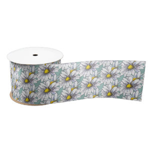 Lazo De Raso Acuarela Floral Daisy Huevo de Pato Azul Boho