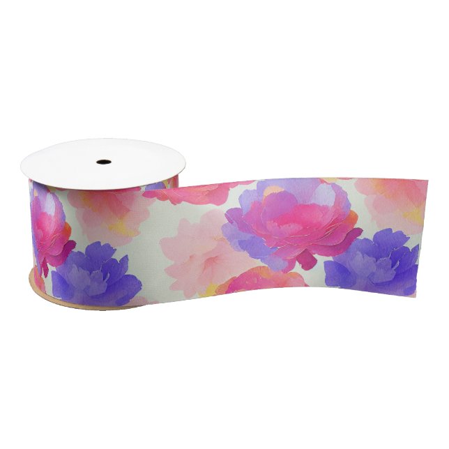 Lazo De Raso Acuarela Flores de Primavera Pintadas Vibrantes (Carrete)