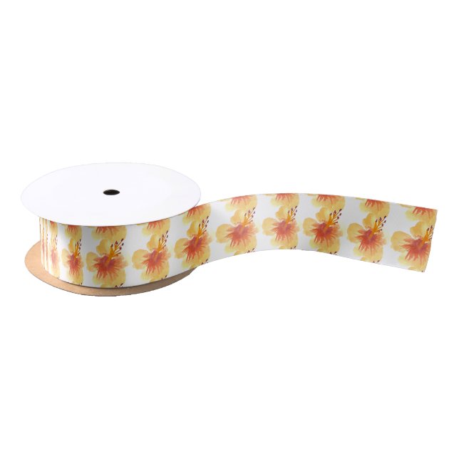 Lazo De Raso Acuarela Hibisco Amarillo Naranja Floral Tropical (Carrete)
