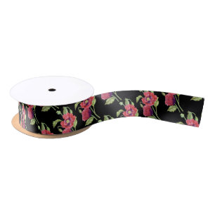 Lazo De Raso Acuarela Rojo Poppies Fondo Floral Negro