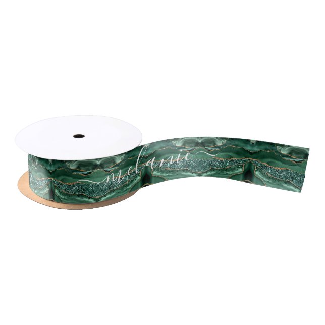 Lazo De Raso Agate Green Gold Purpurina Geode Marble Tu Nombre (Carrete)
