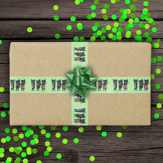 Lazo De Raso Agrupar tres instrumentos de músicos de gato negro (three black cat musicians playing instruments colourful clothes on light green ribbon for gift wrap.)