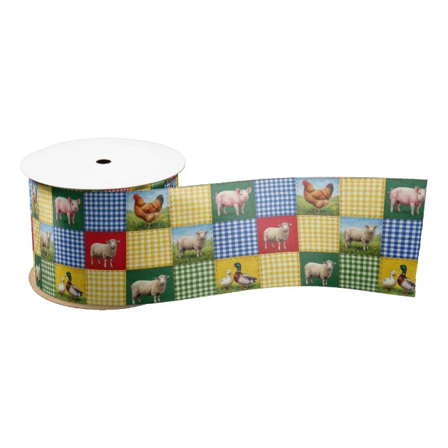 Lazo De Raso Animales de granja y edredón de patchwork de gingh (Carrete)