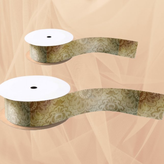 Lazo De Raso Antique Green Gold Damask  (Beautiful ribbon for crafting or gifting!)