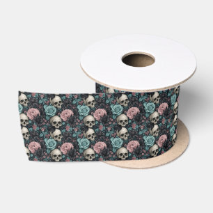 Lazo De Raso Aqua Rosa y Negro Floral Gótico