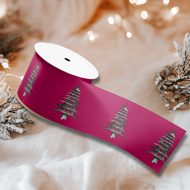 Lazo De Raso Árbol de Navidad Pagoda rojo verde (Red green Pagoda Christmas Tree Satin Ribbon)