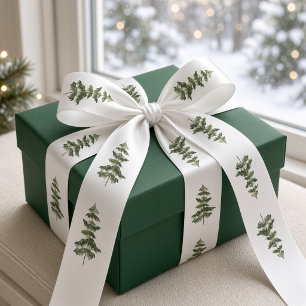 Lazo De Raso Árboles de Navidad de Acuarela Verde Blanco