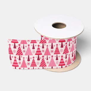 Lazo De Raso Árboles de Navidad Patrón Rosa y Rojo Minimalista