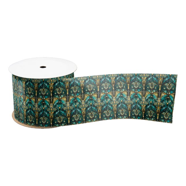 Lazo De Raso Art Deco Gold & Teal Satin Ribbon (Carrete)