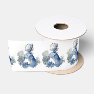Lazo De Raso Arte Delft azul y blanco con una escena de pueblo