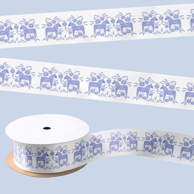 Lazo De Raso Arte folclórico azul y blanco de Dala sueco (Swedish Dala Horse blue and white satin ribbon)
