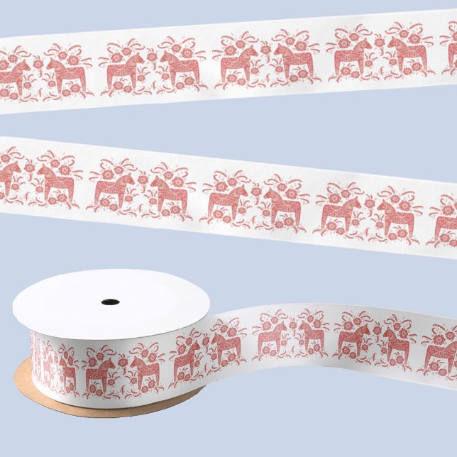Lazo De Raso Arte folclórico rojo y blanco de Dala sueco (Swedish Dala Horse red and white festive satin ribbon)