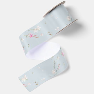Lazo De Raso Azul Gris Suave Gaura Acuarela Floral