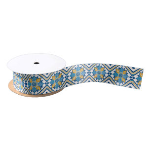 Lazo De Raso Azulejo amarillo azul Navidades florales mediterr