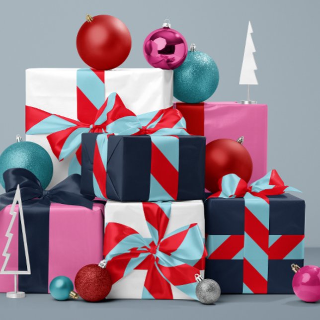 Lazo De Raso Banda ancha roja y azul cielo (preppy and modern red and aqua wide angled stripe ribbon for Christmas wrapping, trees and crafts)