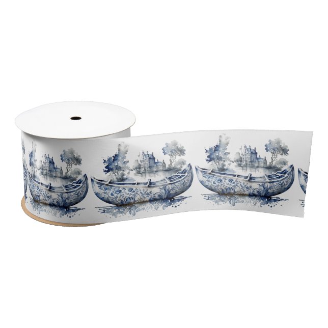 Lazo De Raso Barco de estilo Delft azul y blanco con escena en  (Carrete)