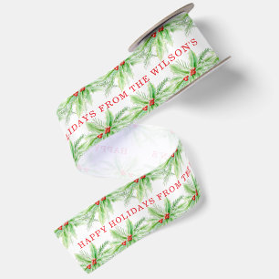 Lazo De Raso Bayas rojas acebo verde arte acuarela Navidad